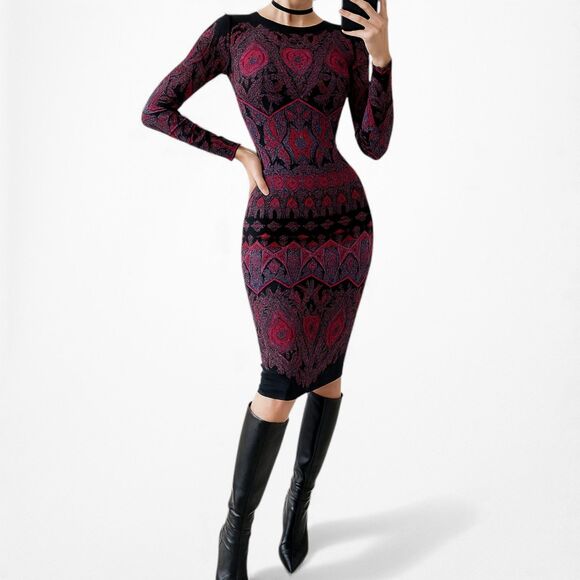 Vintage Y2K Black Purple Long Sleeve Knit Bodycon Tribal Print Dress Size M - Picture 2 of 8